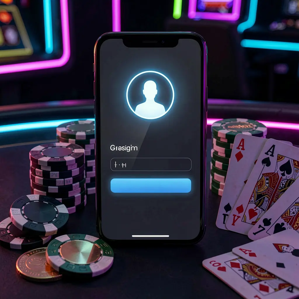 GA7777 casino app login scene on smartphone with glowing user profile icon, surrounded by chips, cards, and coins on an elegant dark background with neon highlights
