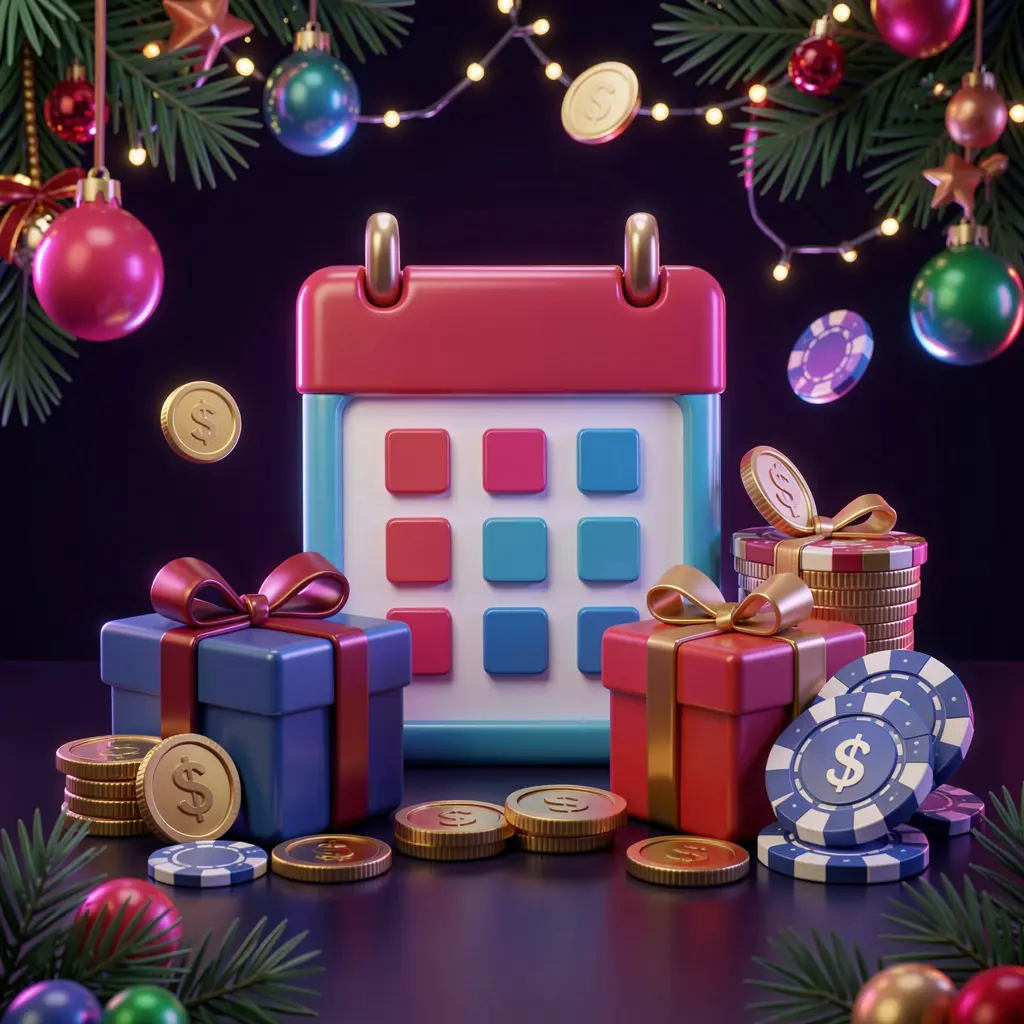 GA7777 weekly casino bonus concept featuring a calendar icon, gift boxes, coins, and chips with a festive dark background and neon glow in premium 3D style