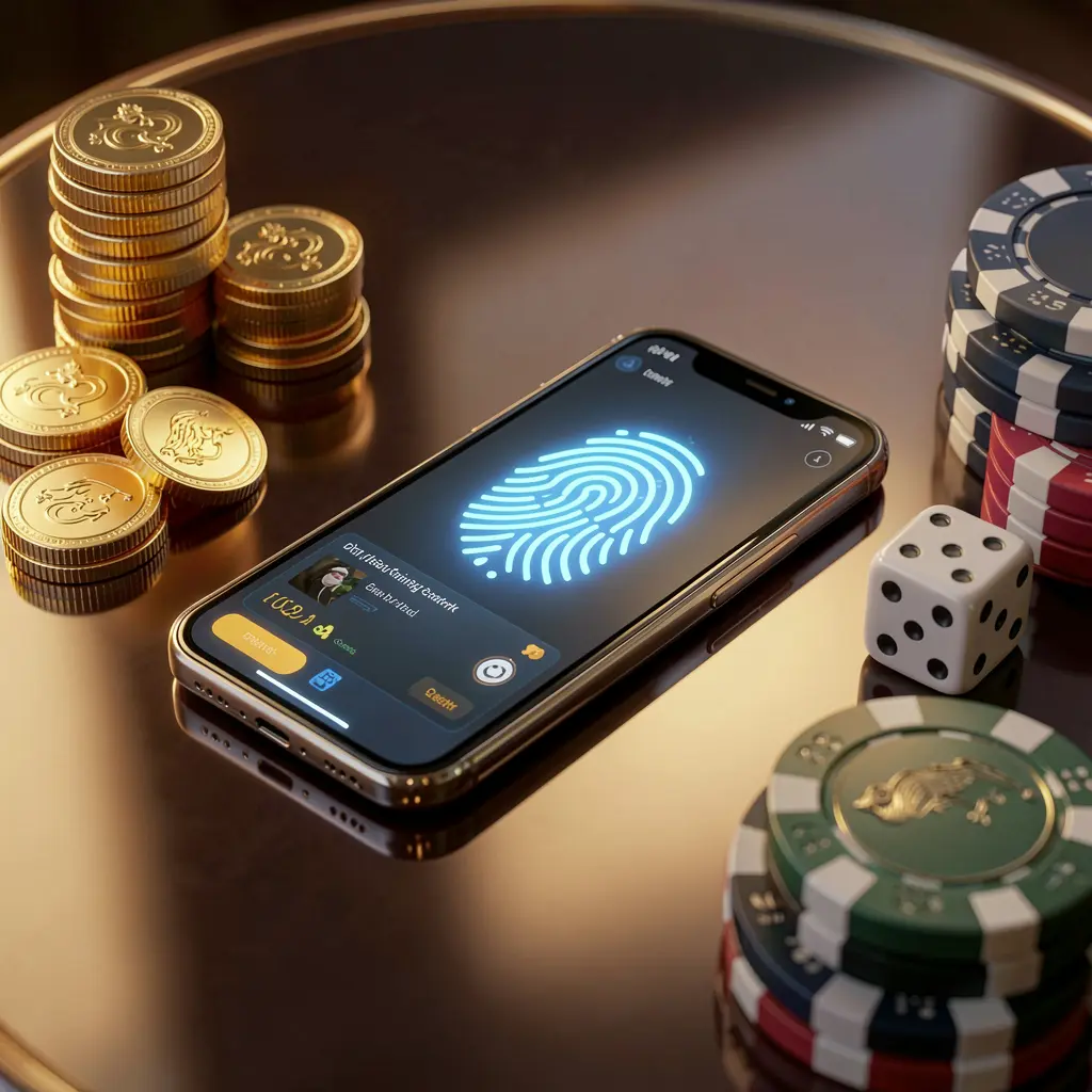 GA7777 online gaming account access scene showing a smartphone with a glowing fingerprint icon surrounded by golden coins, dice, and poker chips on a glossy table under cinematic lighting