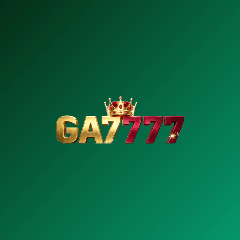 Dynamic casino-style logo for GA7777 featuring massive bold lettering in bright gold and crimson colors with a glowing crown and sparkling light effects on a transparent background