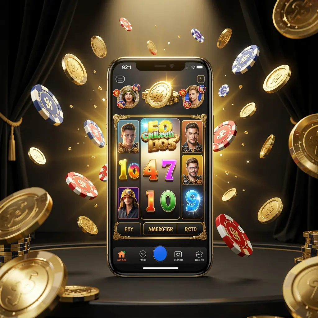 GA7777 modern online casino main page on smartphone with glowing gaming interface, flying coins and chips in black and gold luxury atmosphere, realistic 3D illustration